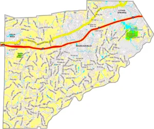 Douglas County Georgia GIS Map showing county boundaries, major roads, cities, highways, rivers, and geographic features.