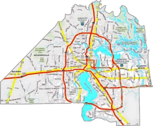 Duval County Florida GIS Map showing county boundaries, cities, roads, and landmarks.