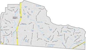 Echols County Georgia GIS Map showing county boundaries, major roads, cities, highways, rivers, and geographic features.