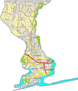 Escambia County Florida GIS Map displaying county boundaries, highways, and coastal features.