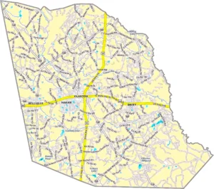 Evans County Georgia GIS Map showing county boundaries, major roads, cities, highways, rivers, and geographic features.