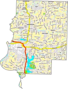Faulkner County Arkansas GIS Map showing county boundaries, roads, cities, and geographic features.