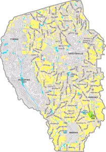Fayette County Georgia GIS Map showing county boundaries, major roads, cities, highways, rivers, and geographic features.