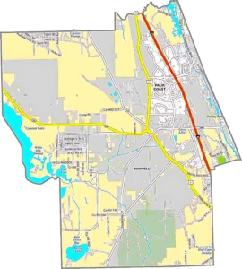 Flagler County Florida GIS Map showing county boundaries, roads, and coastal areas.