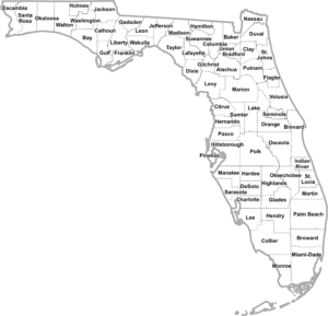 Florida Simple County GIS Map showing county boundaries, roads, towns, and geographic features.