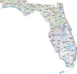 Florida Topographic County GIS Map showing county boundaries, roads, towns, and geographic features.