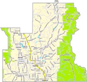 Franklin County Idaho GIS Map showing county boundaries, roads, towns, and geographic features.