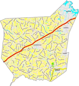 Franklin County Georgia GIS Map showing county boundaries, major roads, cities, highways, rivers, and geographic features.