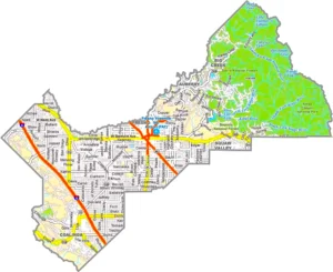 Fresno County California GIS Map showing county boundaries, cities, roads, and geographic features.