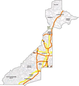 Fulton County Georgia GIS Map showing county boundaries, major roads, cities, highways, rivers, and geographic features.