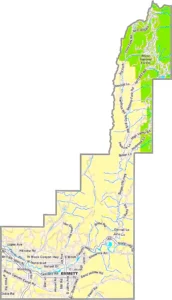 Gem County Idaho GIS Map showing county boundaries, roads, communities, and geographic features.