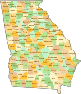Georgia County GIS Map showing county boundaries, major roads, cities, highways, rivers, and geographic features.