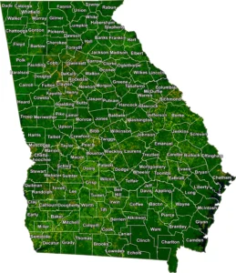 Georgia Satellite County GIS Map showing county boundaries, major roads, cities, highways, rivers, and geographic features.