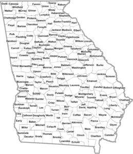 Georgia Simple County GIS Map showing county boundaries, major roads, cities, highways, rivers, and geographic features.