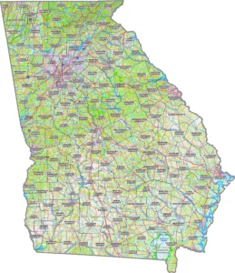 Georgia Topographic County GIS Map showing county boundaries, major roads, cities, highways, rivers, and geographic features.