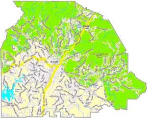 Gilmer County Georgia GIS Map showing county boundaries, major roads, cities, highways, rivers, and geographic features.