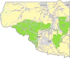 Gilpin County Colorado GIS Map showing county boundaries, cities, roads, and geographic features.