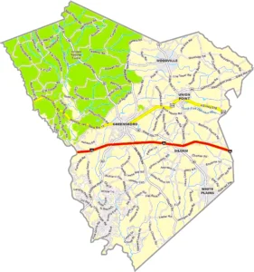 Greene County Georgia GIS Map showing county boundaries, major roads, cities, highways, rivers, and geographic features.