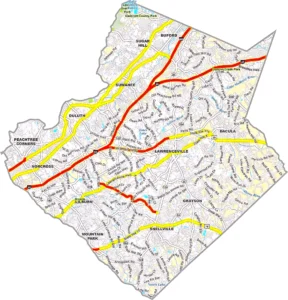 Gwinnett County Georgia GIS Map showing county boundaries, major roads, cities, highways, rivers, and geographic features.