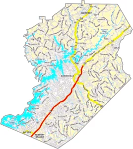 Hall County Georgia GIS Map showing county boundaries, major roads, cities, highways, rivers, and geographic features.