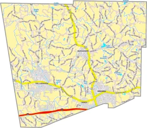 Haralson County Georgia GIS Map showing county boundaries, major roads, cities, highways, rivers, and geographic features.