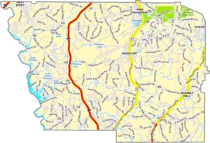 Harris County Georgia GIS Map showing county boundaries, major roads, cities, highways, rivers, and geographic features.
