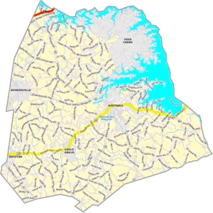 Hart County Georgia GIS Map showing county boundaries, major roads, cities, highways, rivers, and geographic features.