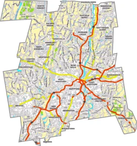 Hartford County GIS Mapshowing county boundaries, cities, roads, and geographic features.