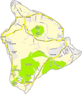 Hawaii County Hawaii GIS Map showing county boundaries, major roads, cities, highways, rivers, and geographic features.