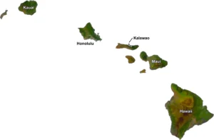 Hawaii Satellite County GIS Map showing county boundaries, major roads, cities, highways, rivers, and geographic features.