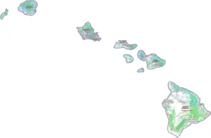 Hawaii Topographic County GIS Map showing county boundaries, major roads, cities, highways, rivers, and geographic features.
