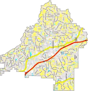Henry County Georgia GIS Map showing county boundaries, major roads, cities, highways, rivers, and geographic features.
