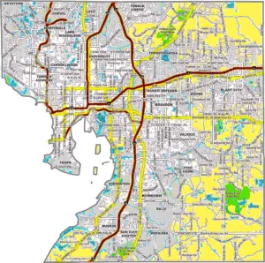 Hillsborough County Florida GIS Map displaying county boundaries, roads, cities, and major landmarks.