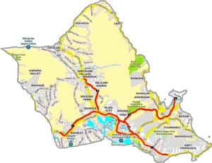 Honolulu County Hawaii GIS Map showing county boundaries, major roads, cities, highways, rivers, and geographic features.