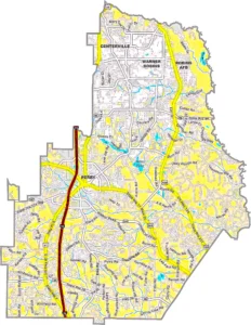 Houston County Georgia GIS Map showing county boundaries, major roads, cities, highways, rivers, and geographic features.