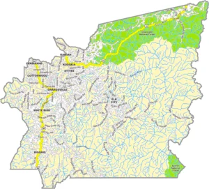 Idaho County Idaho GIS Map showing county boundaries, roads, communities, and geographic features.