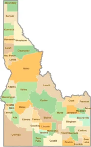 Idaho County GIS Map showing county boundaries, cities, roads, and geographic features.