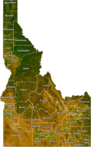 Idaho Satellite County GIS Map showing county boundaries, cities, roads, and geographic features.