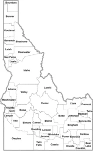 Idaho Simple County GIS Map showing county boundaries, cities, roads, and geographic features.