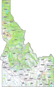 Idaho Topographic County GIS Map showing county boundaries, cities, roads, and geographic features.