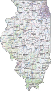 Illinois Topographic County GIS Map showing county boundaries and location