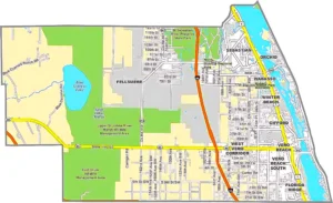 Indian River County Florida GIS Map displaying county boundaries, roads, waterways, and coastal areas.