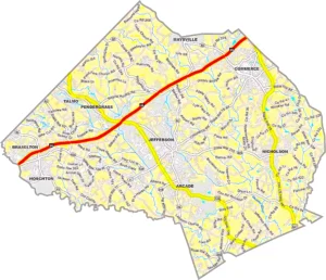 Jackson County Georgia GIS Map showing county boundaries, major roads, cities, highways, rivers, and geographic features.