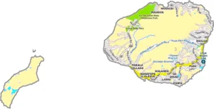 Kauai County Hawaii GIS Map showing county boundaries, major roads, cities, highways, rivers, and geographic features.