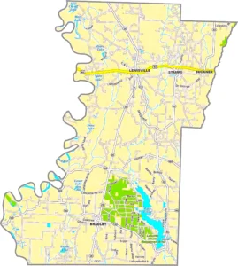 Lafayette County Arkansas GIS Map showing county boundaries, roads, cities, and geographic features.