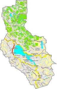 Lake County California GIS Map showing county boundaries, cities, roads, and geographic features.