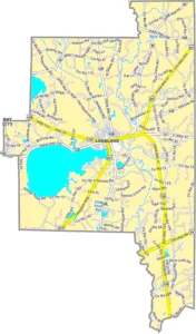 Lanier County Georgia GIS Map showing county boundaries, major roads, cities, highways, rivers, and geographic features.