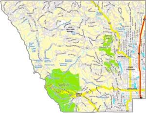 Larimer County Colorado GIS Map showing county boundaries, cities, roads, and geographic features.