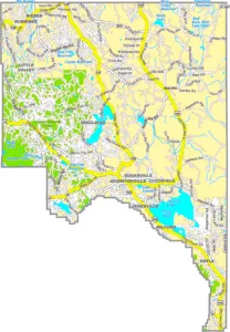 Lassen County California GIS Map showing county boundaries, cities, roads, and geographic features.