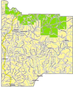 Latah County Idaho GIS Map showing county boundaries, roads, towns, and geographic features.